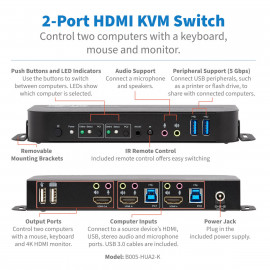 EATON TRIPPLITE 2-Port HDMI/USB KVM  TRIPPLITE 2-Port HDMI/USB KVM Switch 4K 60Hz HDR HDCP 2.2 IR USB Sharing USB 3.0 Cables