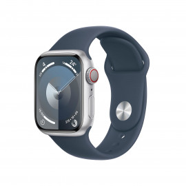 APPLE Watch Series 9 GPS + Cellular Aluminium Argent Bracelet Sport Band Bleu S/M 41 mm