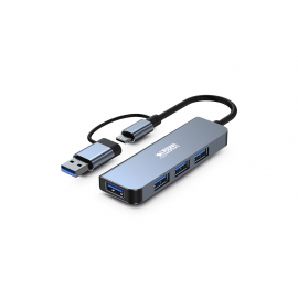 URBAN FACTORY HUB USB 4 PORTS USB 3.0 + ADAPTATEUR USB-A FEMELLE / USB-C MALE GRIS SIDERAL