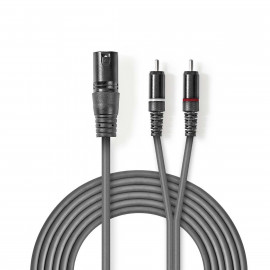 Nedis Câble Audio XLR Symétrique XLR 3-Pin Mâle 2x RCA Male Plaqué nickel 1.50 m Rond PVC Gris Foncé Manchon en Carton