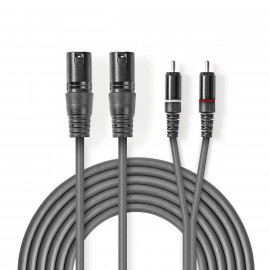 Nedis Câble Audio XLR Symétrique 2x XLR 3-Pin Mâle 2x RCA Male Plaqué nickel 3.00 m Rond PVC Gris Foncé Manchon en Carton