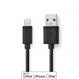 Nedis Lightning Câble USB 2.0 Apple Lightning à 8 broches USB-A Mâle 480 Mbps Plaqué nickel 2.00 m Rond PVC Noir Boîte