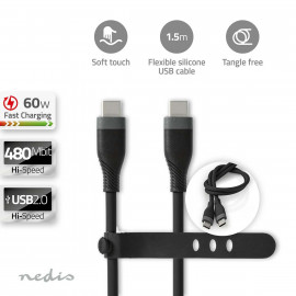 Nedis Câble USB USB 2.0 USB-C Mâle USB-C Mâle 60 W 480 Mbps Plaqué nickel 1.50 m Rond Silicone Noir Boîte