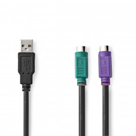 Nedis Câble 2 en 1 USB 2.0 USB-A Mâle 2x PS/2 Femelle 480 Mbps 0.30 m Plaqué nickel Rond PVC Noir