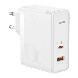 Baseus Chargeur secteur  GaN5 Pro 1x port USB-A + 1x port USB-C 100W + Cable USB-C 1m (Blanc)