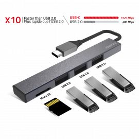 ADVANCE HUB en aluminium Type-C: 3 ports en USB2.0, 1 port microSD